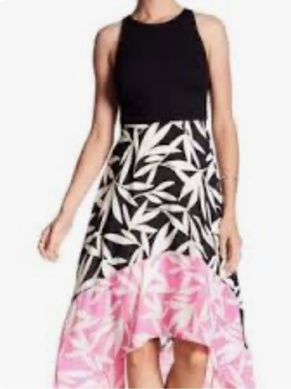 VINCE CAMUTO HI LOW COASTAL RESORT STYLE FLOWY BLACK WITH LEAF PRINT DRESS  SZ 8